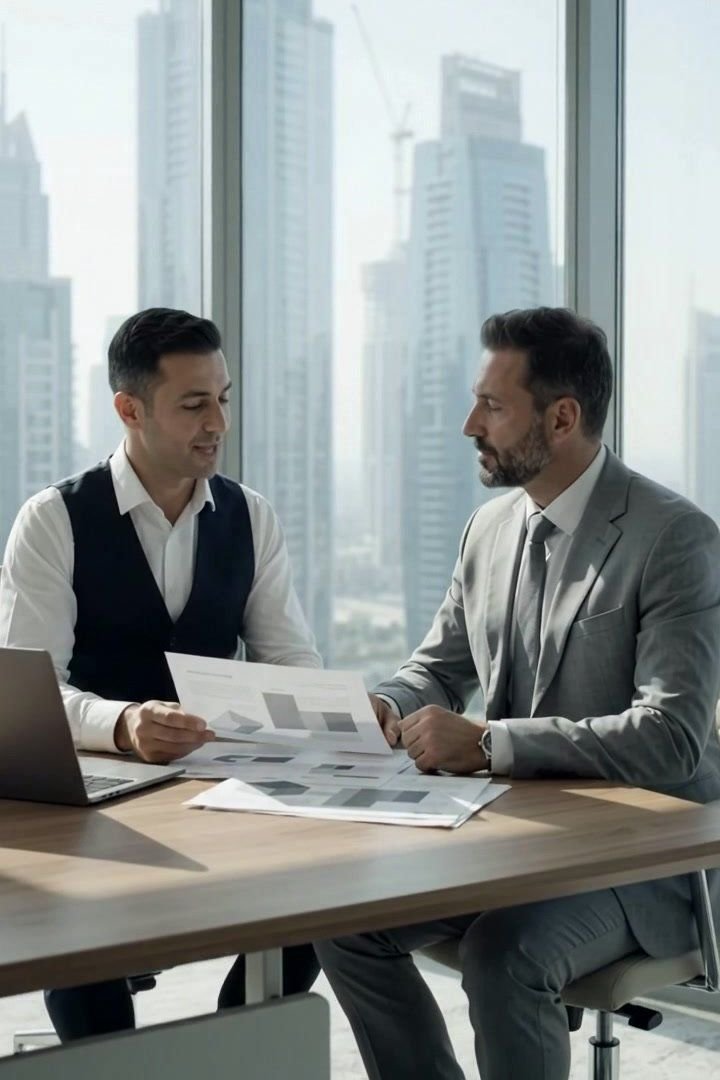 Consultor do DCC em reunião com um cliente em um escritório em Dubai